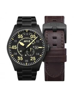 Montre Automatique AVI-8 Spitfire Midnight Chrome AV-4073-33 - Boîtier Noir, Cadran Noir, Bracelet Cuir Marron Foncé