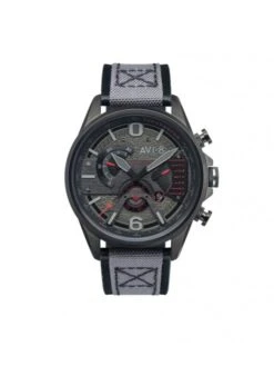 Montre AVI-8 Hawker Harrier II AV-4056 - Boîtier Acier Foncé, Cadran Acier Foncé, Bracelet Cuir Et Tissu Gris