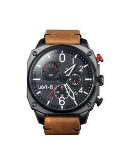 Montre AVI-8 Hawker Hunter AV-4052-02 Charbon Brise - Boîtier Noir, Cadran Noir, Bracelet Cuir Marron