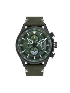 Montre AVI-8 Hawker Hunter AV-4064-02 Vert Anthracite - Boîtier Noir, Cadran Vert, Bracelet Cuir Vert