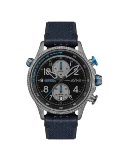 Montre AVI-8 Hawker Hunter Chronographe AV-4080-02 - Boîtier Acier, Cadran Noir, Bracelet Cuir Bleu