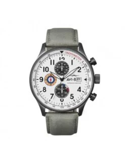 Montre AVI-8 Hawker Hurricane AV-4011-0B Gris Ivoire - Boîtier Gris Foncé, Cadran Blanc, Bracelet Cuir Gris