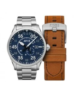 Montre Automatique AVI-8 Spitfire AV-4073-11 - Boîtier Acier, Cadran Bleu, Bracelet Cuir Marron