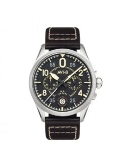 Montre AVI-8 Spitfire AV-4089-01 Chêne De Minuit - Boîtier Acier, Cadran Noir, Bracelet Cuir Noir